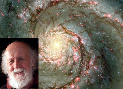 Image composite d'une galaxie et d'Hubert Reeves